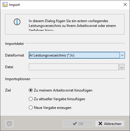 Dateiauswahl beim Importieren eines Leistungsverzeichnisses in den AI VERGABEMANAGER