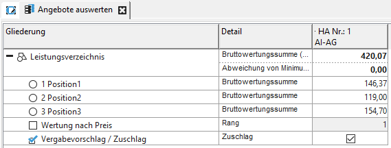 Direktkauf: Angebot erfassen und werten: Preise der Positionen des Leistungsverzeichnis sind sichtbar. Der Hacken beu Zuschlag wurde gesetzt. Direktkauf: Angebot erfassen und werten: Preise der Positionen des Leistungsverzeichnis sind sichtbar. Der Hacken beu Zuschlag wurde gesetzt.