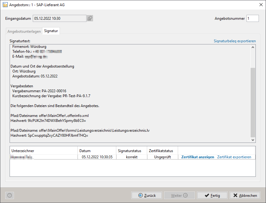 Offer details – signature. Example with the signature details and a list of the offer's attached files. Offer details – signature. Example with the signature details and a list of the offer's attached files.