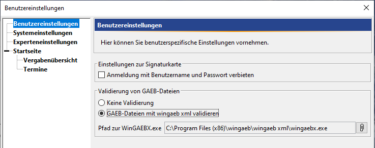 User settings for validating GAEB files. User settings for validating GAEB files.