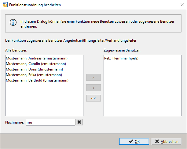 Selection dialog for editing the function assignment. In the example, a user is selected for the function quotation opening manager/negotiation manager