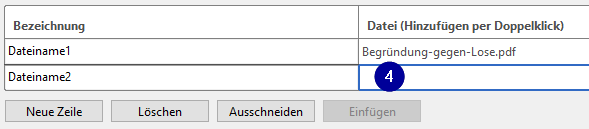 Example table file upload. The field with the file name is marked with the number four