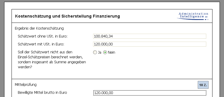 Example field Cost estimate to secure financing. Estimated values can be entered as well as available funds