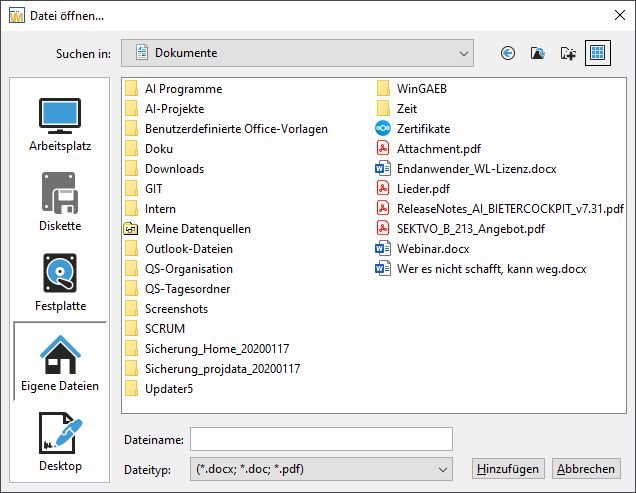 List view when opening a file. Explorer view with various files as a list