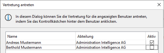 Dialog window for activating the substitution. Persons who can be substituted are displayed in a list. Activation is confirmed with a tick next to the name. Dialog window for activating the substitution. Persons who can be substituted are displayed in a list. Activation is confirmed with a tick next to the name