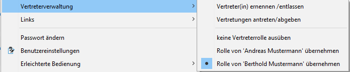 Submenu view of the currently active substitute role marked with a dot. Submenu view of the currently active substitute role marked with a dot.