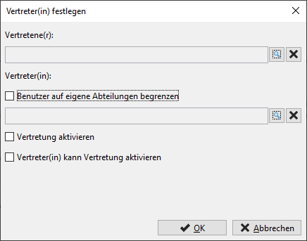 Window for defining substitution for selectable person. The substitution can be made centrally by an administrator. Window for defining substitution for selectable person. The substitution can be made centrally by an administrator