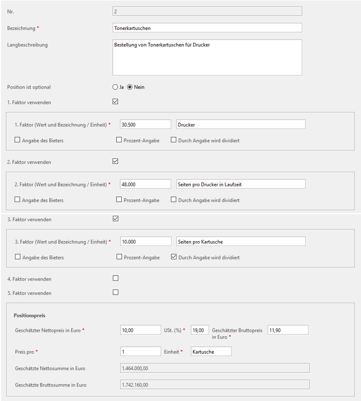Example toner cartridges: Filled-in items for toner cartridges. Information on pages per printer and pages per cartridge are entered. Example toner cartridges: Completed items for toner cartridges. Information on pages per printer and pages per cartridge are entered.