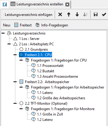 BQ outline with free text items selected in the outline view. BQ outline with free text items selected in the outline view