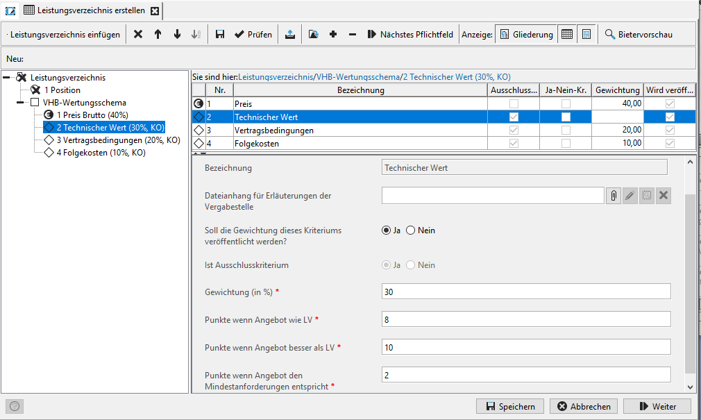 Creation of a VHB evaluation scheme in the bill of quantities view. Creation of a VHB evaluation scheme in the bill of quantities view
