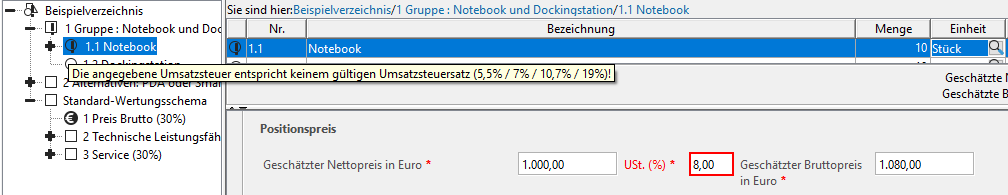 Error message when entering the wrong VAT rate Error message when entering the wrong VAT rate