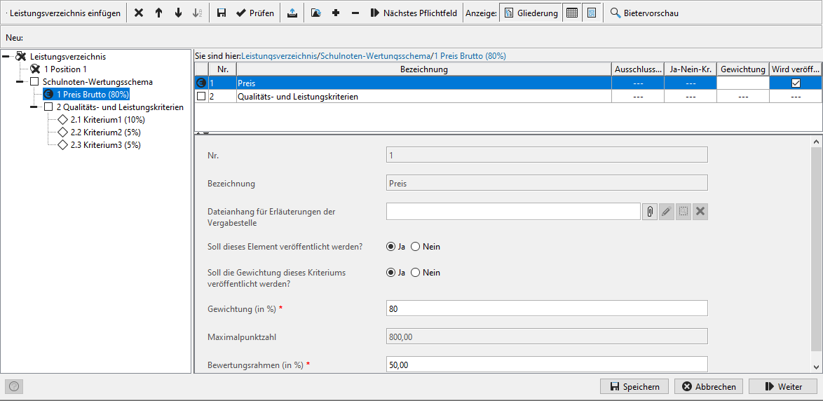 Selected price criterion in the bill of quantity: Details of the criterion with example details are displayed. Selected price criterion in the bill of quantity: Details of the criterion with example details are displayed