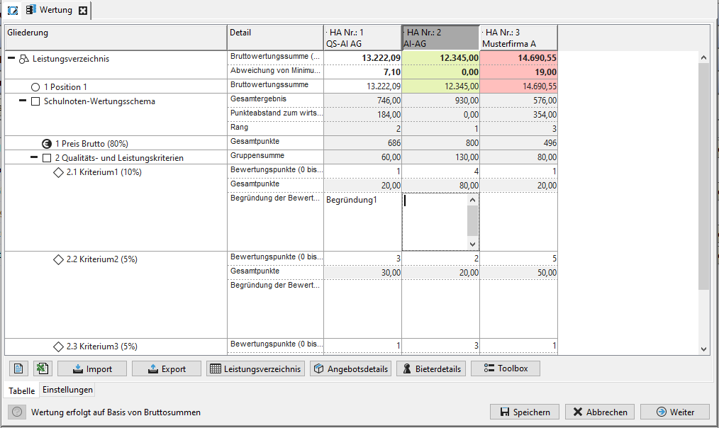Overview of an example evaluation scheme with three bids.in the example, the second bid is recommended for the award on the basis of the criteria. Overview of an example evaluation scheme with three bids.in the example, the second bid is recommended for the award on the basis of the criteria