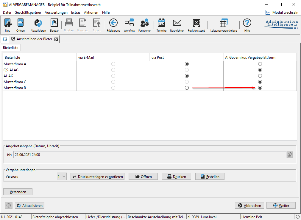 Transmission of tender documents in a two-stage procedure. The method of delivery can now be selected from the list of available companies. Transmission of tender documents in a two-stage procedure. The list of available companies can now be used to select the method by which the documents are to be sent.
