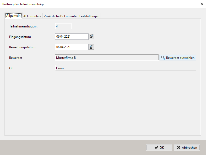 Recording a new participation request. In this window, written request are recorded. Recording a new participation request. In this window, written request are recorded.