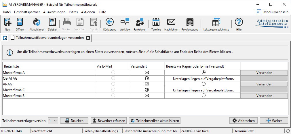 View for sending the participation competition documents. Various dispatch types for the documents can be specified in a list. View for sending the participation competition documents. Various dispatch types for the documents can be specified in a list.
