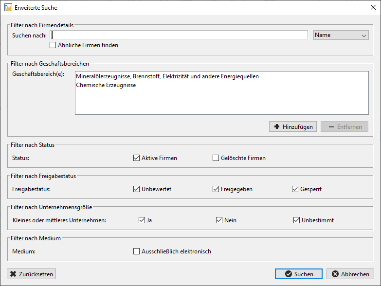 Advanced search in the participant selection in restricted procedures. Various search filters can be selected to specify the result. Advanced search in the participant selection in restricted procedures. Various search filters can be selected to specify the result.