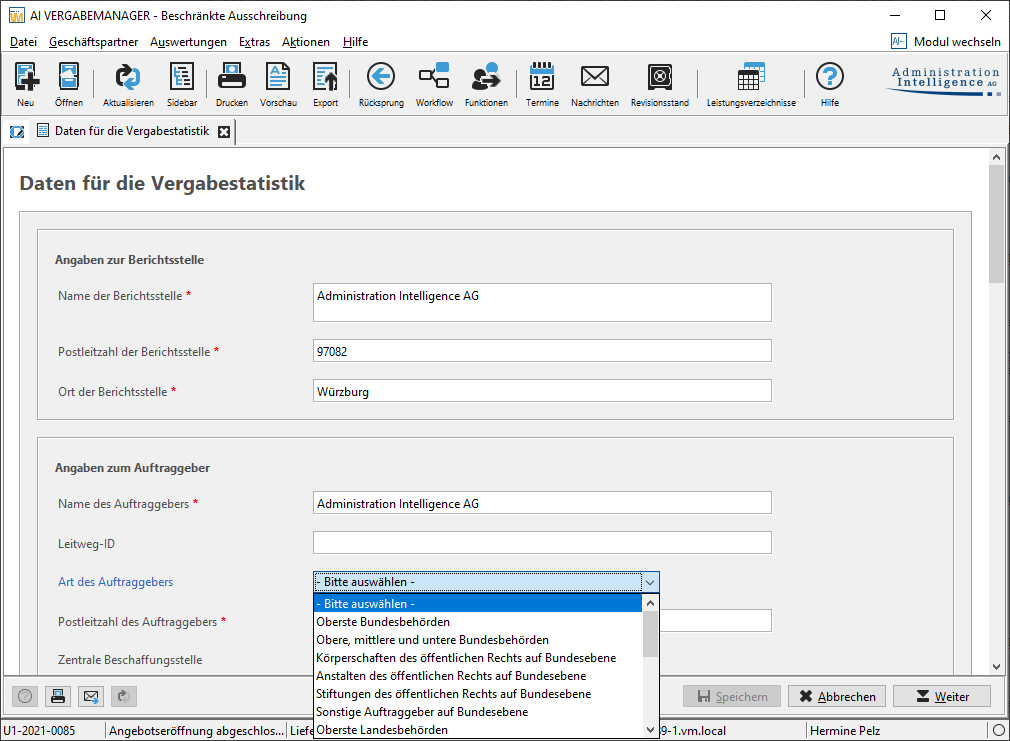 Compiling the data for Destatis. Input mask for the data of the award procedure. Compiling the data for Destatis. Input mask for the data of the award procedure.