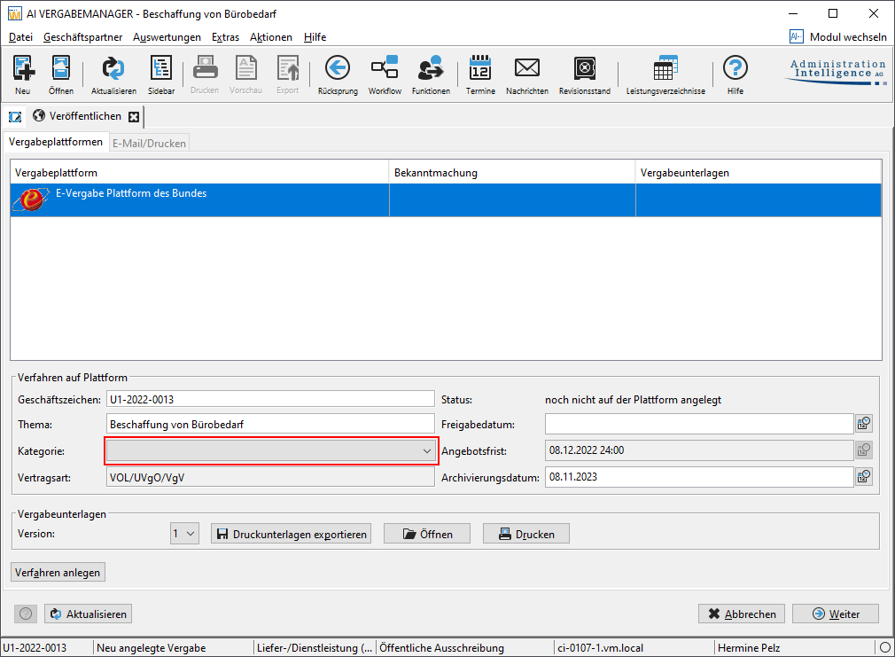 Preassignment of a category in the publication dialog. In the example, the category field that can be preassigned is outlined in red. Preassignment of a category in the publication dialog. In the example, the category field that can be preassigned is outlined in red.