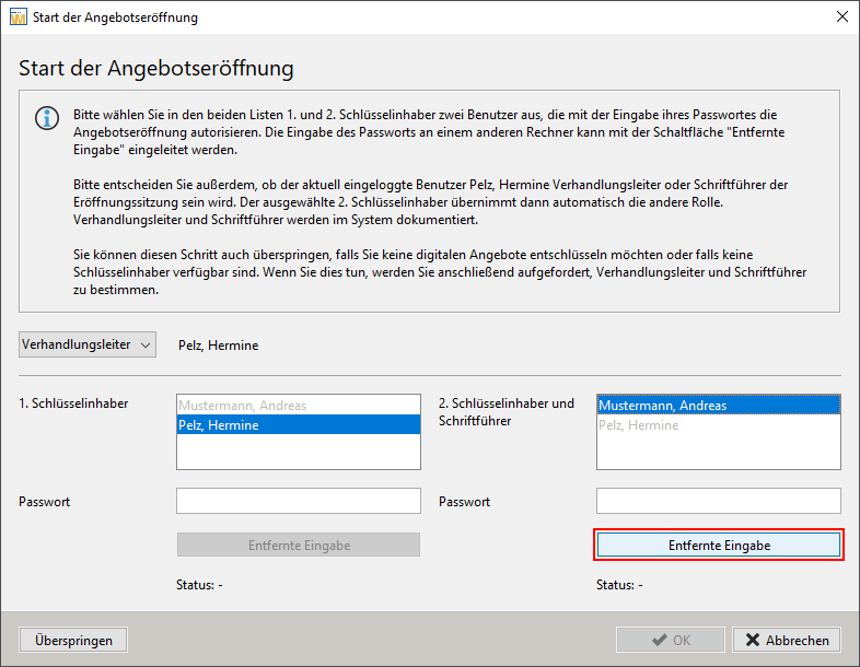 Start of the offer opening process with simplified key handling and remote user. The selection field for remote input is outlined in red. Start of the offer opening process with simplified key handling and remote user. The selection field for remote input is outlined in red.