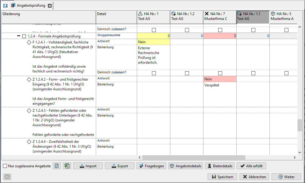 Offer evaluation – evaluation stage 1 – formal and content-related examination of offers. View of the evaluation matrix with various sample offers. Offer evaluation – evaluation stage 1 – formal and content-related examination of offers. View of the evaluation matrix with various sample offers.