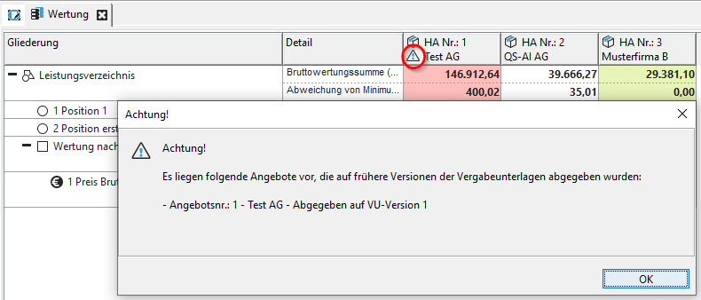 Marking of offers based on outdated versions of the award procedure documents with a warning. Marking of offers based on outdated versions of the award procedure documents with a warning.