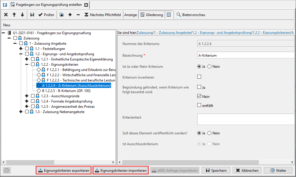 Export or import of selection criteria. The respective buttons are outlined in red. Export or import of selection criteria. The respective buttons are outlined in red.
