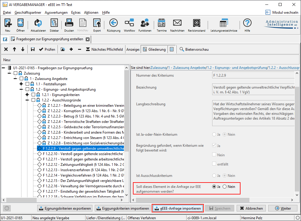 Defining the eEEE for the suitability test. The button for importing an eEEE is outlined in red. Defining the eEEE for the suitability test. The button for importing an eEEE is outlined in red.