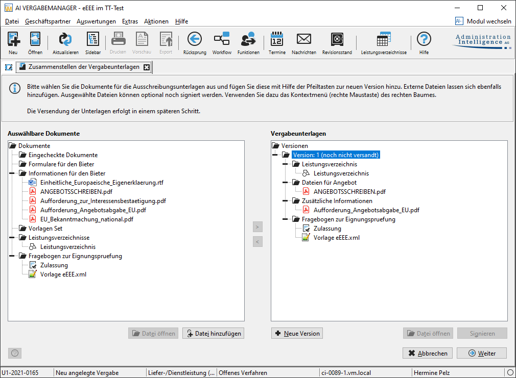 Display of the eEEE when compiling the offer documents Display of the eEEE when compiling the offer documents