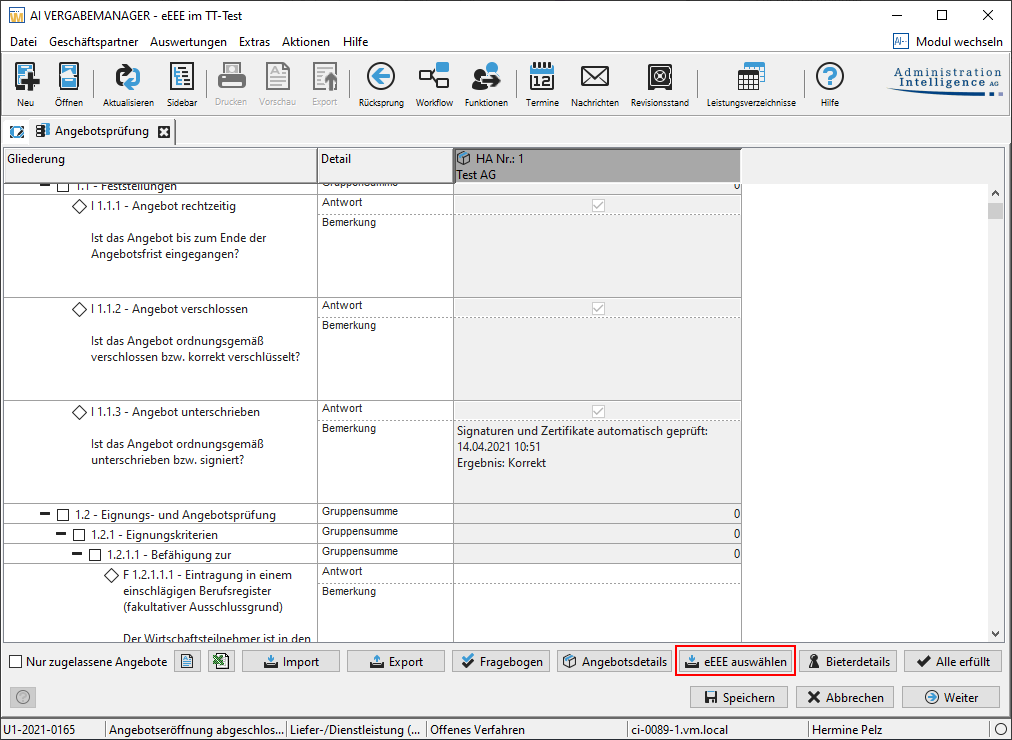 Selecting the ePPP during the examination of the tender. The button is outlined in red. Selecting the ePPP during the examination of the tender. The button is outlined in red.