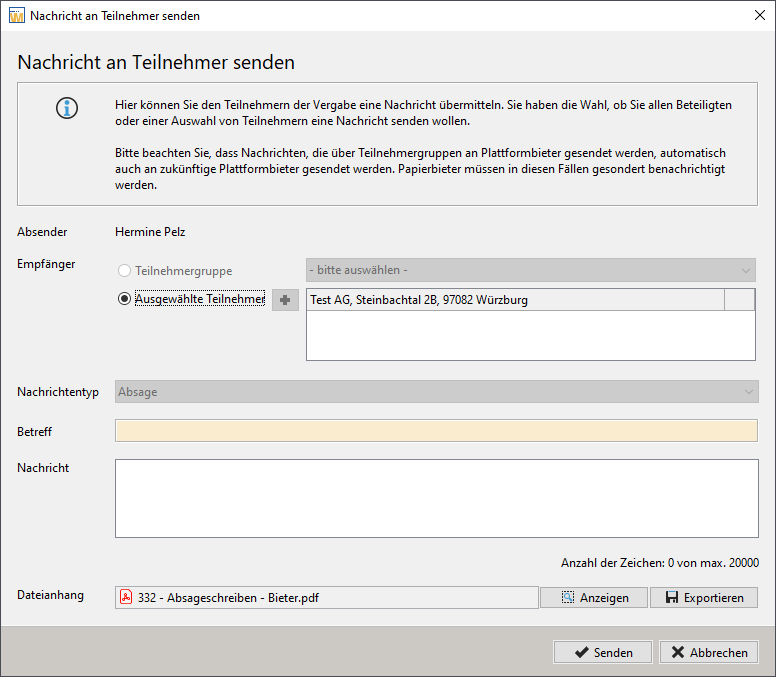 Example message window for a participant in the event of rejection. Example message window for a participant in the event of rejection.