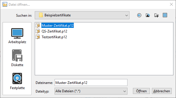 Explorer view: Selecting the soft certificate - P12 file Explorer view: Selecting the soft certificate - P12 file