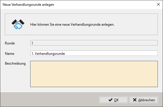 Create new negotiation round. The number is preset, enter name and description. Create new negotiation round. The number is pre-assigned, enter name and description