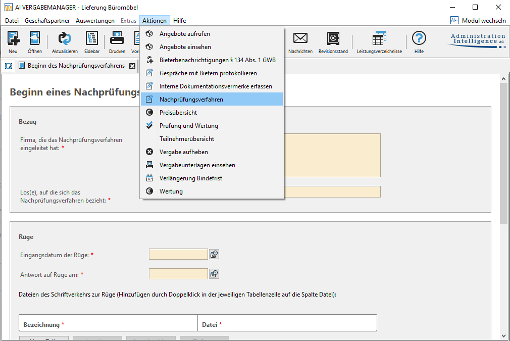 Beginning of the review procedure via the ‘Actions’ tab. Beginning of the review procedure via the "Actions" tab.
