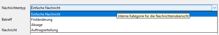 Select message type: Simple message, deadline change, rejection or order placement. Select message type: Simple message, deadline change, cancellation or order placement