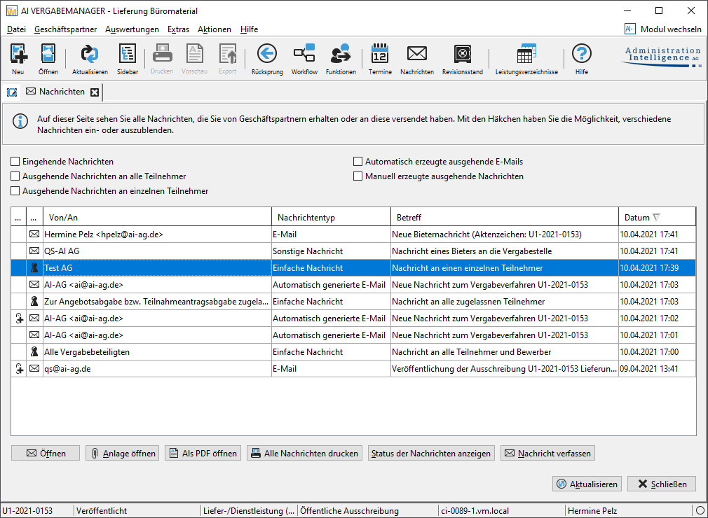 Message overview with various sample messages. Message overview with various sample messages
