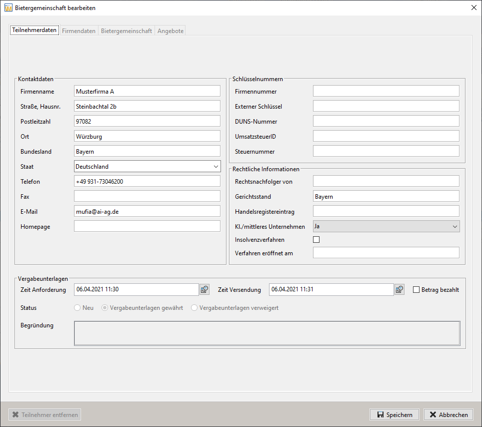Edit consortium – participant data for the bidding consortium input mask. Edit consortium – participant data for the bidding consortium input mask.