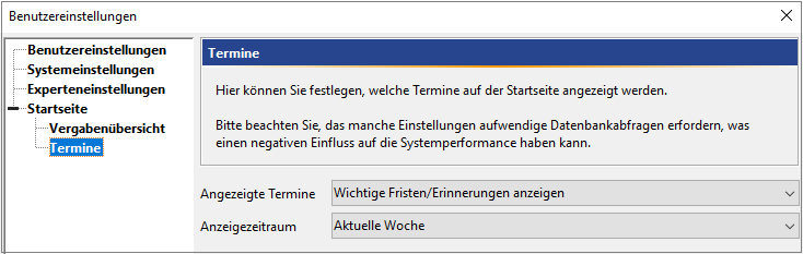 Settings for appointments. Here you can determine which appointments should be displayed in the overview. Settings for appointments. Here you can determine which appointments should be displayed in the overview.