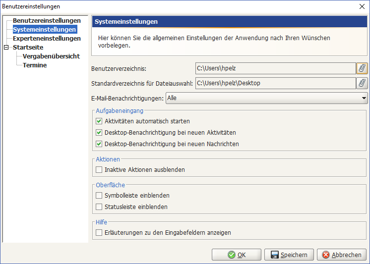View of the system settings that can be defined by the user. For example, e-mail notifications or spell checking can be set. View of the system settings that can be set by the user. For example, e-mail notifications or spell checking can be set.