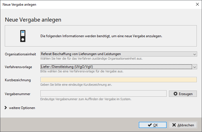 View Creating a new procedure. Explanations are activated so that each input field has a short explanation. View Creating a new procedure. Explanations are activated so that each input field has a short explanation.