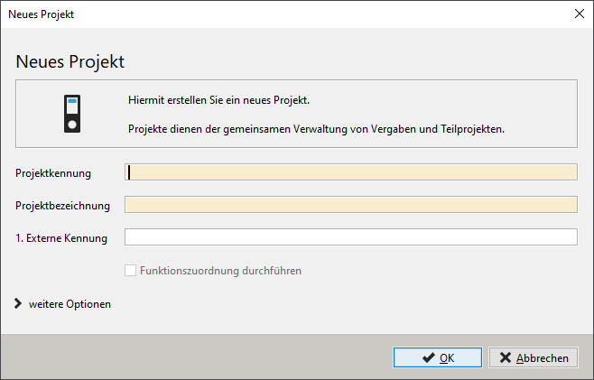 Window for creating a new project. The project identifier and project name as well as the external identifier can be entered. Window for creating a new project. The project identifier and project name as well as the 1st external identifier can be entered.