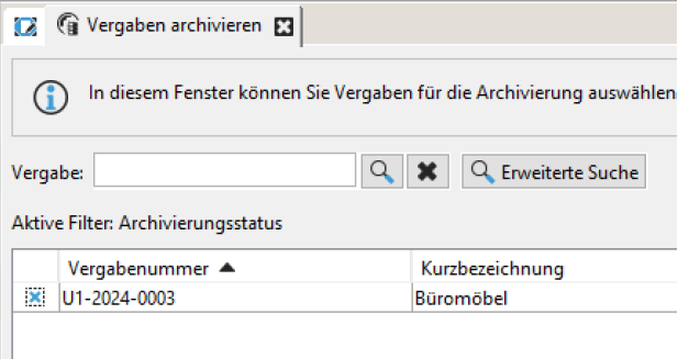 View of an award procedure in the overview that has been scheduled for deletion. The icon is a cross with a dotted frame. View of an award procedure in the overview that has been scheduled for deletion. The icon is a cross with a dotted frame.