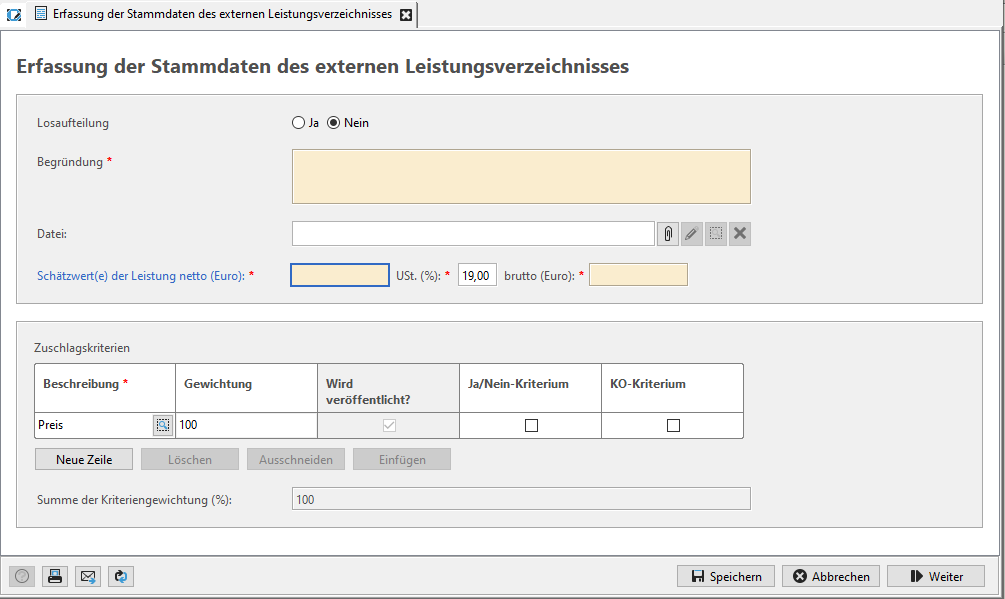 Input mask for entering master data for the external bill of quantities Input mask for entering master data for the external bill of quantities