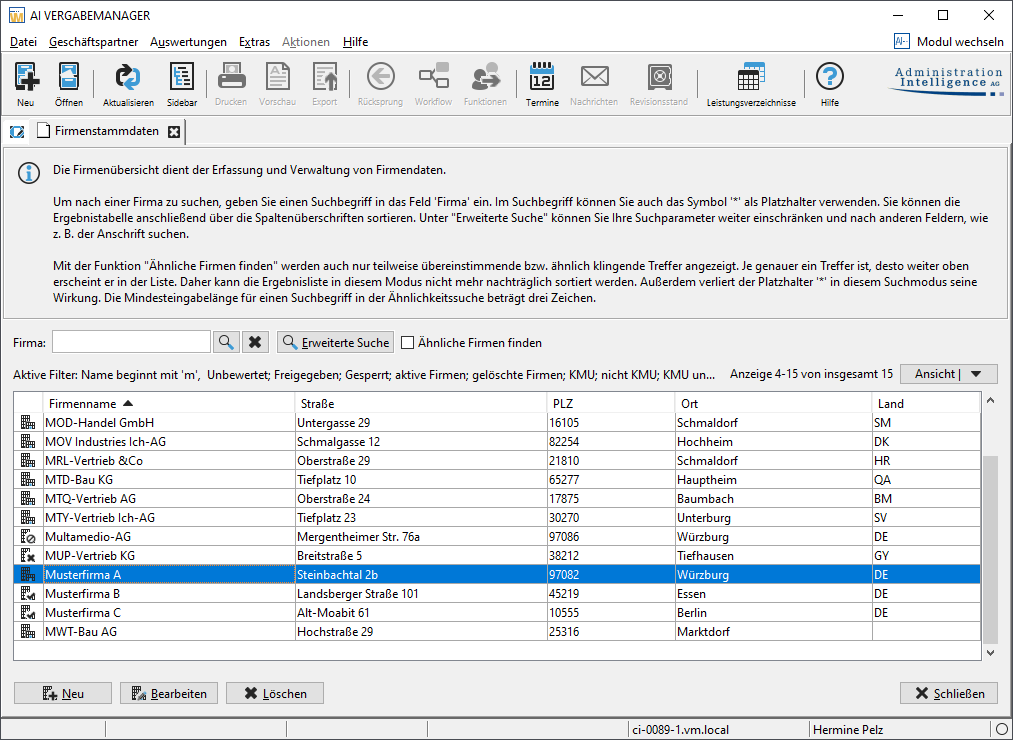 Overview of the company master data with example entries. Overview of the company master data with example entries.