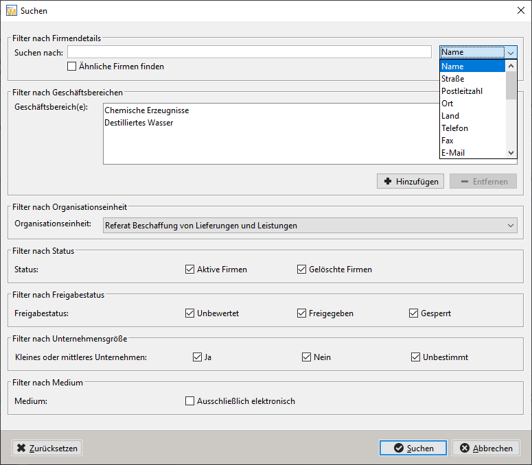 Advanced search options in the company data: Various additional filter options are visible and can be added. Advanced search options in the company data: Various additional filter options are visible and can be added.