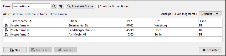 Example search in company master data. Example search in company master data.