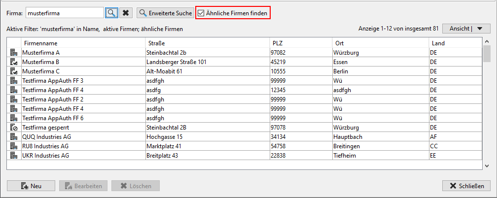 Search with activated similarity search in the company master database. The ticked box is outlined in red. Search with activated similarity search in the company master database. The ticked box is outlined in red.