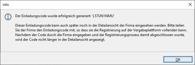 Info message after generating the invitation code. The generated code is visible, along with a notification that it can still be retrieved later and should now be forwarded for registration. Info message after generating the invitation code. The generated code is visible, along with a notification that it can still be retrieved later and should now be forwarded for registration.