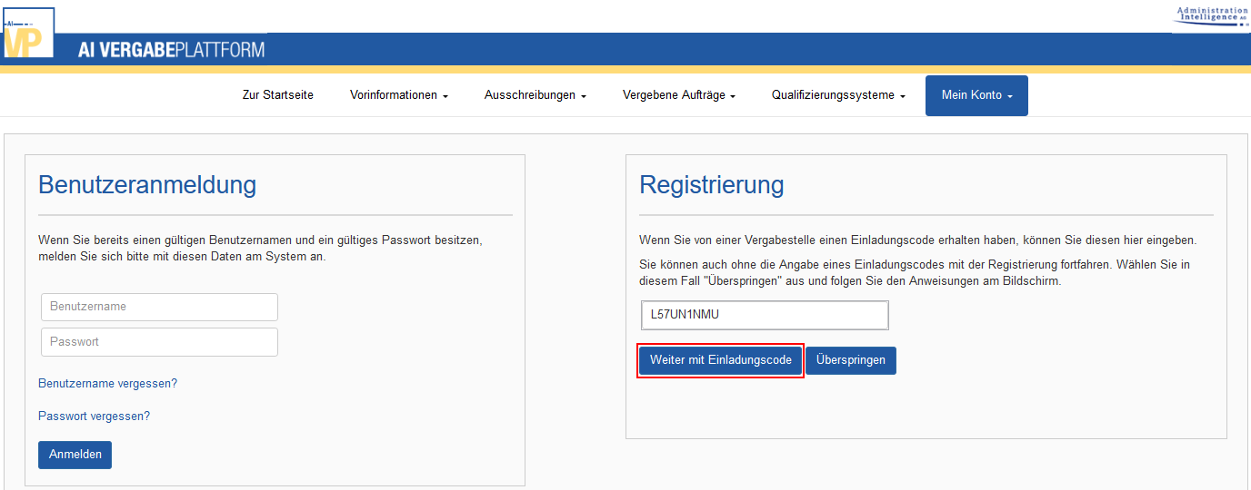 Entering the invitation code on the AI TENDERINGPLATFORM Entering the invitation code on the AI TENDERINGPLATFORM