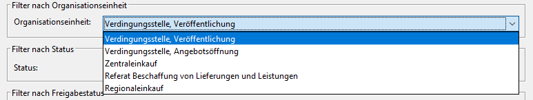 Company search filtered by organizational unit. A dropdown list with various organizational units is visible. Company search filtered by organizational unit. A dropdown list with various organizational units is visible.